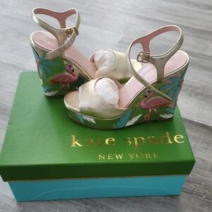 Kate Spade Gold Wedge Sandals with Flamingo Design